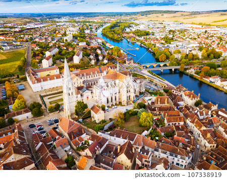 Aerial view of famous old town Auxerre with river in France Aerial view of famous old town Auxerre with river in France 107338919