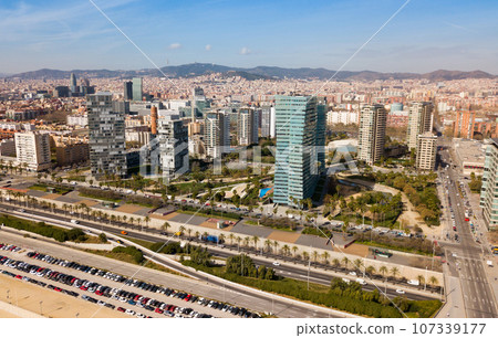 Aerial view of Barcelona cityscape with a modern apartment buildings 107339177