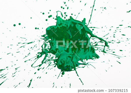 Artistic image of green paint spot spilled on background of white paper 107339215