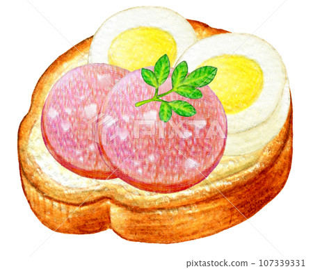 Colored pencil drawing of Christmas hors d’oeuvre French bread canapé Colored pencil drawing of Christmas hors d’oeuvre French bread canapé 107339331