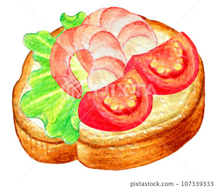 Colored pencil drawing of Christmas hors d’oeuvre French bread canapé Colored pencil drawing of Christmas hors d’oeuvre French bread canapé 107339333