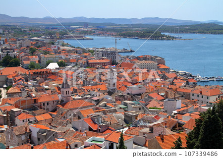 Sibenik, a town on the Adriatic coast of Croatia, view of the old town and islands from St. Michael's Fortress 107339486