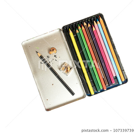 a metal box of colored pencils 107339739