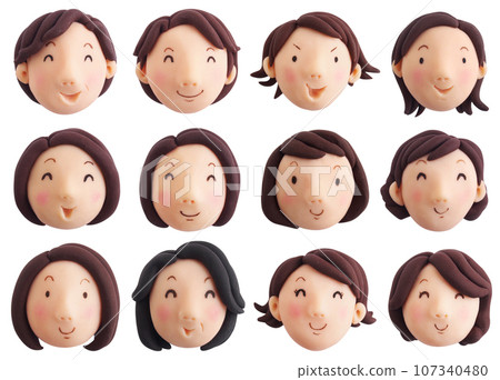 微笑的女人的臉集（黏土 3D 插圖） 107340480