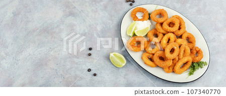 Frying rings of squid, copy space. Frying rings of squid, copy space. 107340770