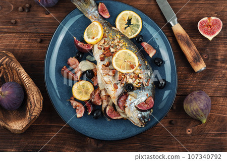 Healthy food, roasted dorado. Healthy food, roasted dorado. 107340792