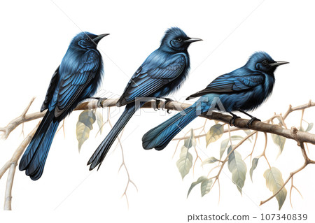 Image of group of balicassiao bird on a branch on a white background. Birds. Animals. Illustration, Generative AI. Image of group of balicassiao bird on a branch on a white background. Birds. Animals. Illustration, Generative AI. 107340839