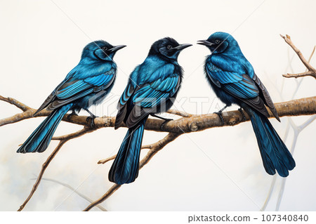 Image of group of balicassiao bird on a branch on a white background. Birds. Animals. Illustration, Generative AI. Image of group of balicassiao bird on a branch on a white background. Birds. Animals. Illustration, Generative AI. 107340840