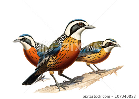 Image of group of malayan banded pitta on a branch on a white background. Birds. Animals. Illustration, Generative AI. 107340858