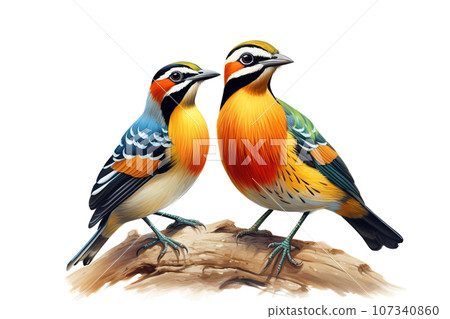 Image of group of malayan banded pitta on a branch on a white background. Birds. Animals. Illustration, Generative AI. 107340860