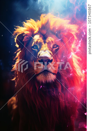 Image of old style film photograph of a lion face is purple pink. Wildlife Animals. Illustration, Generative AI. Image of old style film photograph of a lion face is purple pink. Wildlife Animals. Illustration, Generative AI. 107340867