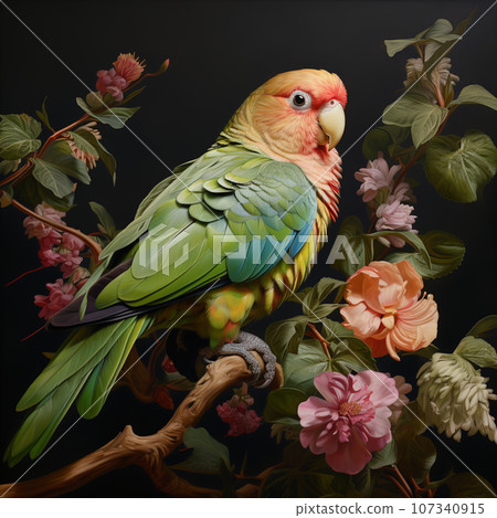 Image of alexandrine parakeet on the branch surrounded by beautiful flowers. Birds, Illustration, Generative AI. 107340915