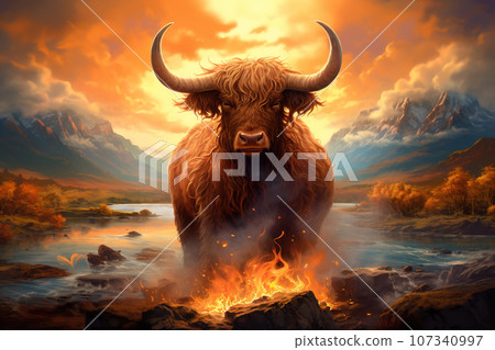 Image of abstract fantasy of highlander cow scotland, Wildlife Animals, Illustration, Generative AI. 107340997
