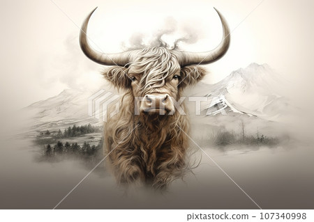 Image of abstract fantasy of highlander cow scotland, Wildlife Animals, Illustration, Generative AI. 107340998