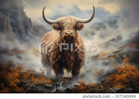 Image of abstract fantasy of highlander cow scotland, Wildlife Animals, Illustration, Generative AI. Image of abstract fantasy of highlander cow scotland, Wildlife Animals, Illustration, Generative AI. 107340999