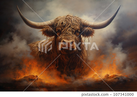 Image of abstract fantasy of highlander cow scotland, Wildlife Animals, Illustration, Generative AI. 107341000