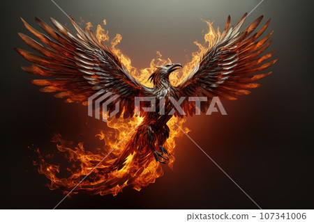 Image of ferocious eerie angry phoenix is flying burning, Bird, Mythical creatures., Generative AI, Illustration. 107341006