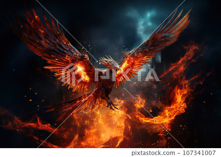 Image of ferocious eerie angry phoenix is flying burning, Bird, Mythical creatures., Generative AI, Illustration. 107341007