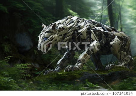 Image of hyena gundam robot technology an ectronic in the forest. Wildlife Animals. Generative AI. Illustration. 107341034