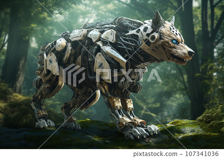 Image of hyena gundam robot technology an ectronic in the forest. Wildlife Animals. Generative AI. Illustration. 107341036