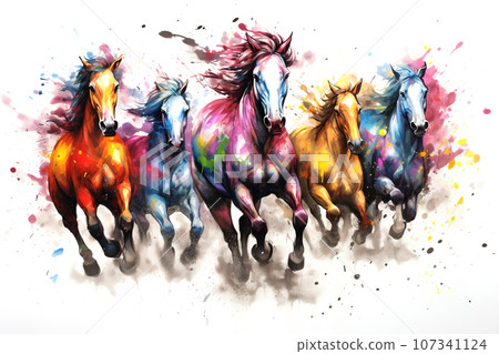 Image of herd of colorful horses is running on white background. Wildlife Animals. Generative AI. Illustration. 107341124