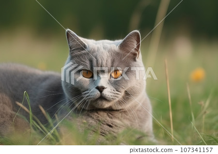 Image of british shorthair cat resting on green pasture grass. Pet, Illustration, Generative AI. 107341157