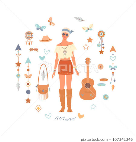 Bohemian fashion girl with boho style elements, on white background 107341346