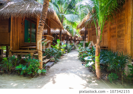 heavenly vacation on phi phi don island in thailand in a hotel with bamboo bungalow among palm trees 107342155