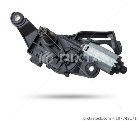 Wiper electric motor on white isolated background. Spare car parts catalog. 107342171