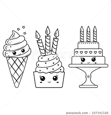 Set of sweet desserts, kawaii characters, vector illustration in doodle style, black outline Set of sweet desserts, kawaii characters, vector illustration in doodle style, black outline 107342188