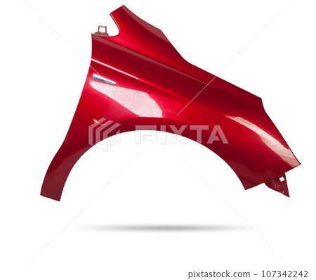 Red metallic fender on a white isolated background in a photo studio for sale or replacement in a car service. Mudguard on auto-parsing for repair or a device to protect the body from dirt. Red metallic fender on a white isolated background in a photo studio for sale or replacement in a car service. Mudguard on auto-parsing for repair or a device to protect the body from dirt. 107342242