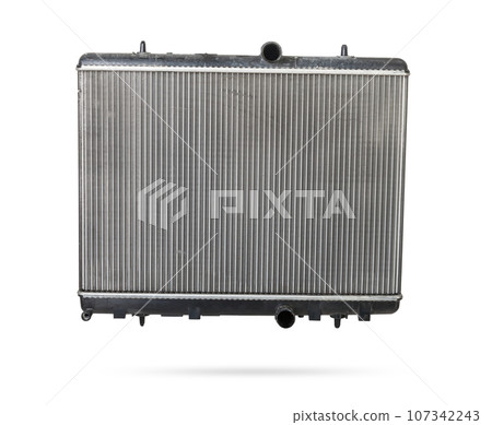 Car cooling radiator isolated on white background. Spare cooling system of internal combustion engine Car cooling radiator isolated on white background. Spare cooling system of internal combustion engine 107342243
