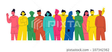 Young people. Happy men and women standing together. Group diverse concept. Family team. Community collaboration. Multicultural persons gathering. Bright colors. Vector flat design 107342362
