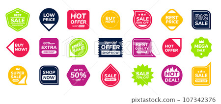 Sale stamps. Special offer sticker. Bright circle label. Round price seal. Best promotion tag. Ribbon icon. Store marketing symbols. Discount emblems. Vector shopping banners design set Sale stamps. Special offer sticker. Bright circle label. Round price seal. Best promotion tag. Ribbon icon. Store marketing symbols. Discount emblems. Vector shopping banners design set 107342376