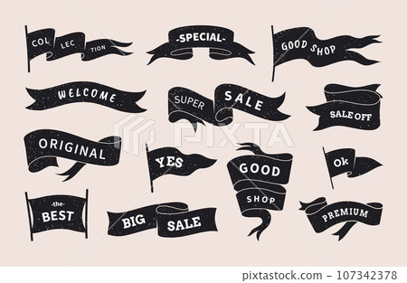 Flag logo. Vintage waving pennant. Hand drawn banner for retro sale. Old style badge. Shop discount. Shopping promotion. Monochrome grunge ribbons with lettering. Vector elements set 107342378