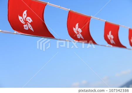hong kong flag set up in the event for celebrating the National Day of the People's Republic of China 74 th anniversary in market of Sheung Wan, Hong Kong 107342386