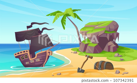 Sea island. Pirate ship. Sand beach. Treasure chest. Tropical palm. Shipwreck in ocean. Sail boat adventure. Wooden caravels wreck. Buccaneers journey. Vector cartoon marine landscape 107342391