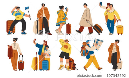 Walking characters. Men and women traveling. People walk with suitcases and backpacks. Happy girl posing for selfie photo camera. Tourism baggage. Travelers group. Vector tourists set 107342392