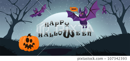 Happy Halloween poster. October holiday. Cartoon bats and scary pumpkin. Spooky night landscape. Stars and moon. Twilight at creepy cemetery. Vector cartoon festival invitation background 107342393