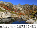 Tengu Pond and Kagamiyari with autumn leaves overlooking Mt.Yarigatake 107342431