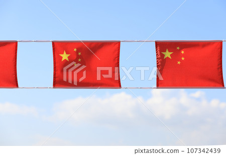 Chinese flag set up in the event for celebrating the National Day of the People's Republic of China 74 th anniversary in market of Sheung Wan, Hong Kong 107342439