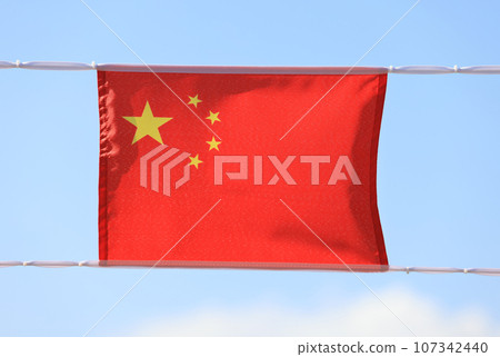 Chinese flag set up in the event for celebrating the National Day of the People's Republic of China 74 th anniversary in market of Sheung Wan, Hong Kong 107342440