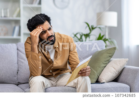 Upset and disappointed man sitting on sofa at home, hispanic received mail message letter with bad news, sad depressed in living room at home. Upset and disappointed man sitting on sofa at home, hispanic received mail message letter with bad news, sad depressed in living room at home. 107342685