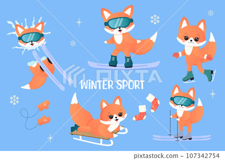 winter sports set. fox on skis, sledge, snowboard, skates. 107342754