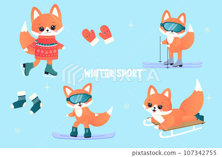 winter sports set. fox on skis, sledge, snowboard, skates. 107342755