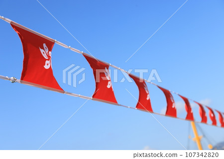hong kong flag set up in the event for celebrating the National Day of the People's Republic of China 74 th anniversary in market of Sheung Wan, Hong Kong hong kong flag set up in the event for celebrating the National Day of the People's Republic of China 74 th anniversary in market of Sheung Wan, Hong Kong 107342820