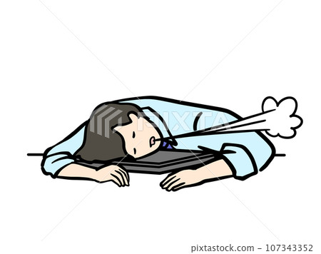 Illustration of a man in a suit using a closed computer as a pillow and letting out an oversized sigh Illustration of a man in a suit using a closed computer as a pillow and letting out an oversized sigh 107343352