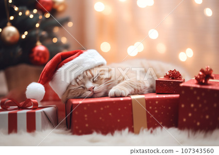 Cute ginger cat with santa hat sleeping on gift box near Christmas tree with light bokeh background, Christmas with pet concept. Generative AI 107343560