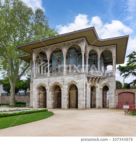 Baghdad Kiosk, at the Fourth Courtyard of Topkapi Palace, decorated with floral blue mosaic tiles, Istanbul, Turkey Baghdad Kiosk, at the Fourth Courtyard of Topkapi Palace, decorated with floral blue mosaic tiles, Istanbul, Turkey 107343878