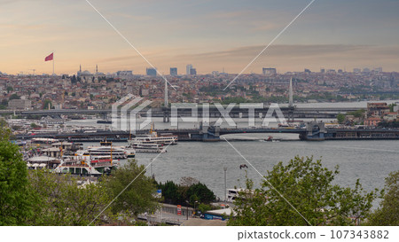 European side of Istanbul with ferry boats sailing in Bosphorus strait, overlooking Halic Metro Bridge, Istanbul, Turkey European side of Istanbul with ferry boats sailing in Bosphorus strait, overlooking Halic Metro Bridge, Istanbul, Turkey 107343882